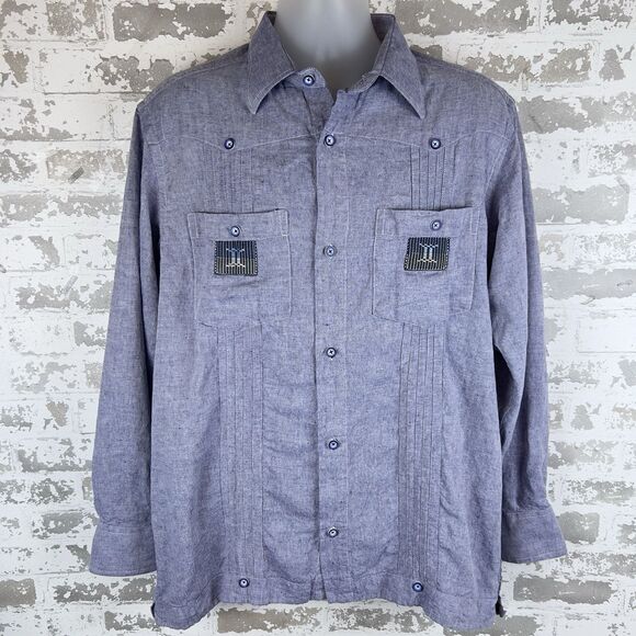 C.Constant Abidjan‎ Guayabera Shirt Sz 44 Blue Cotton Linen Feel Long Sleeve - Picture 1 of 12